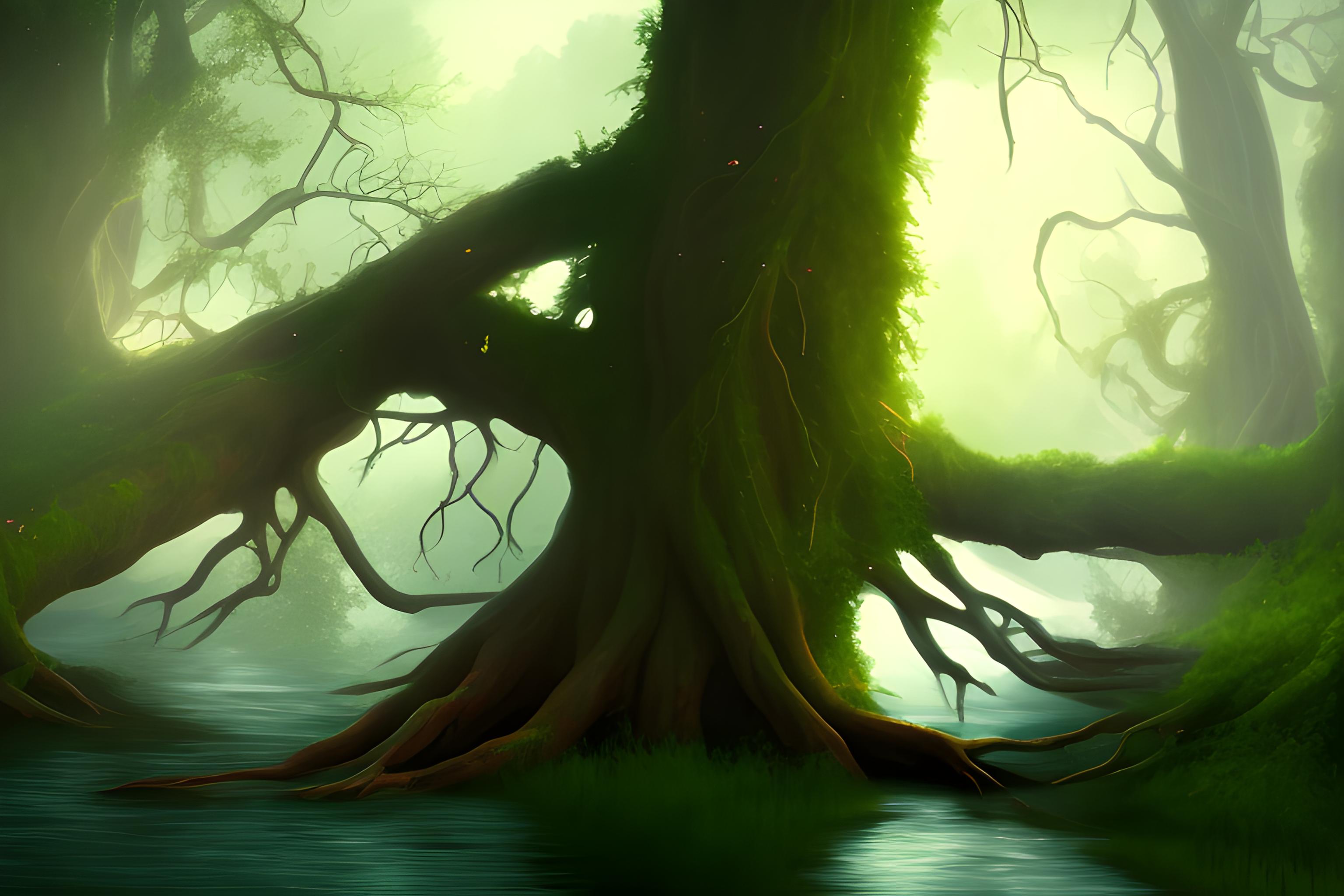 A beautiful dryad from the universe of the witcher, slightly looming over a pond in the forest.